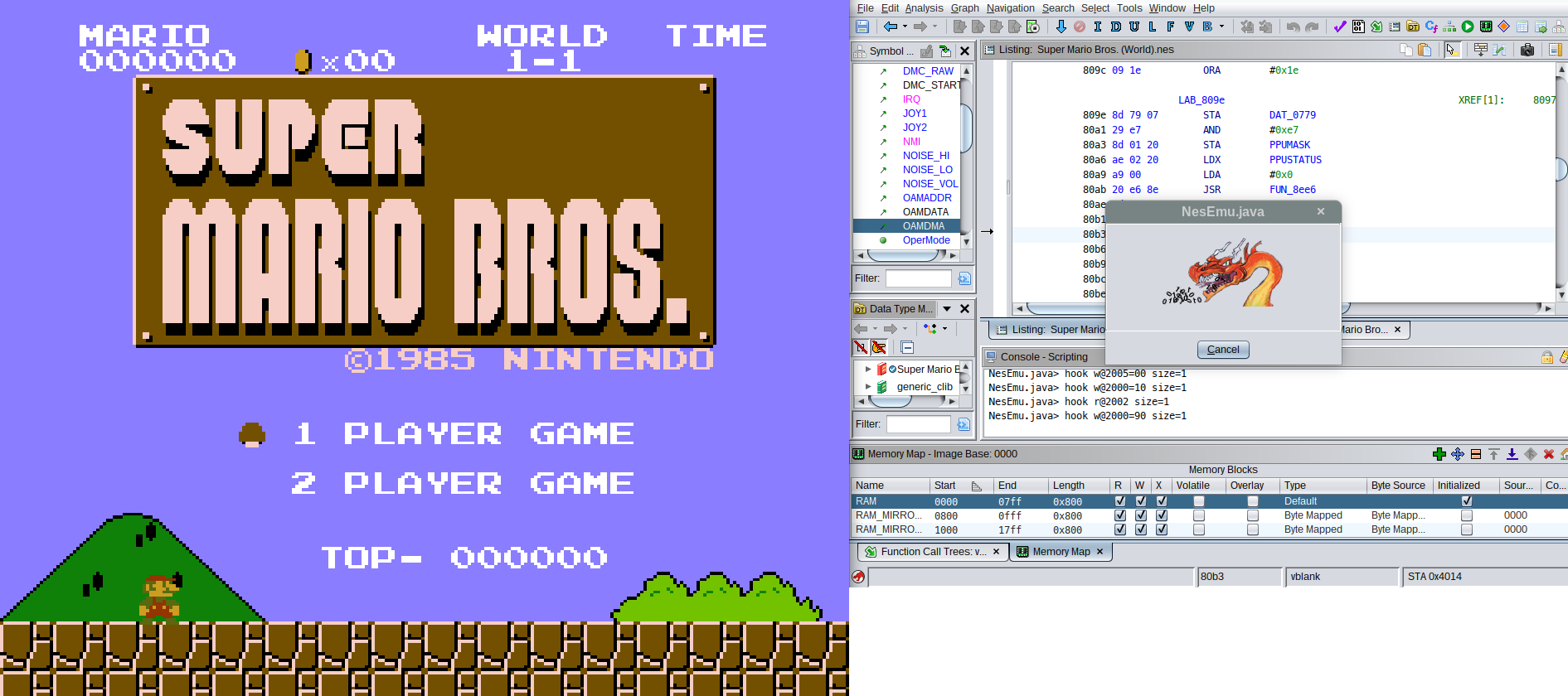 Screenshot of Super Mario Bros and Ghidra
